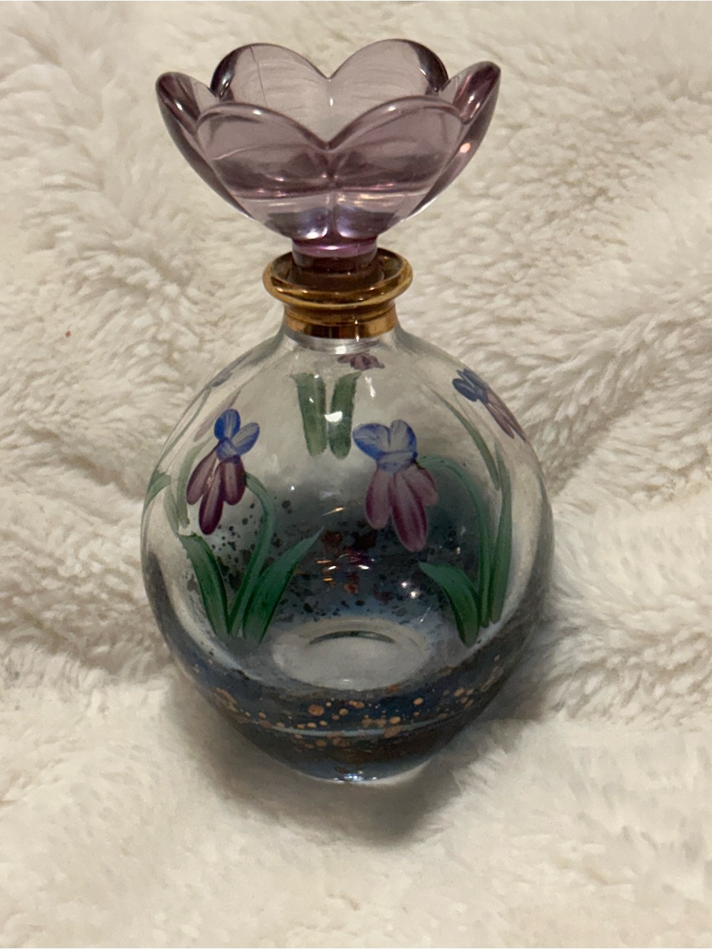 Hand-Painted Purple Floral Glass Perfume Bottle. 24% lead crystal. Like new!